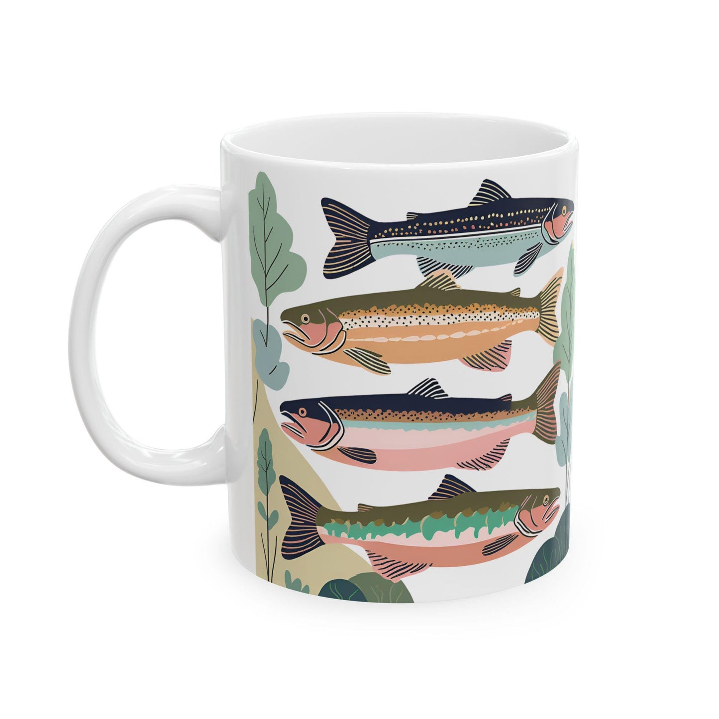 Ceramic Mug, Trio of Lake Fish with Plants, Fisherman Gift, Lake House Decor, Weekend Angler, Fishing Theme Kitchenware, Sportsman Cup,