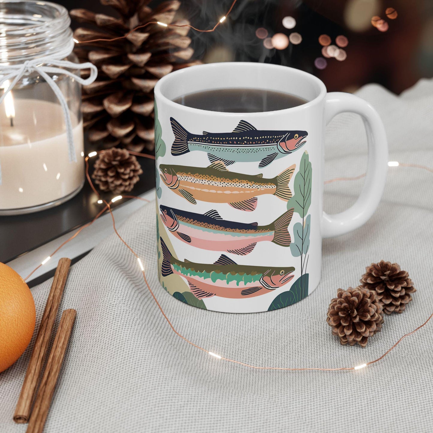 Ceramic Mug, Trio of Lake Fish with Plants, Fisherman Gift, Lake House Decor, Weekend Angler, Fishing Theme Kitchenware, Sportsman Cup,