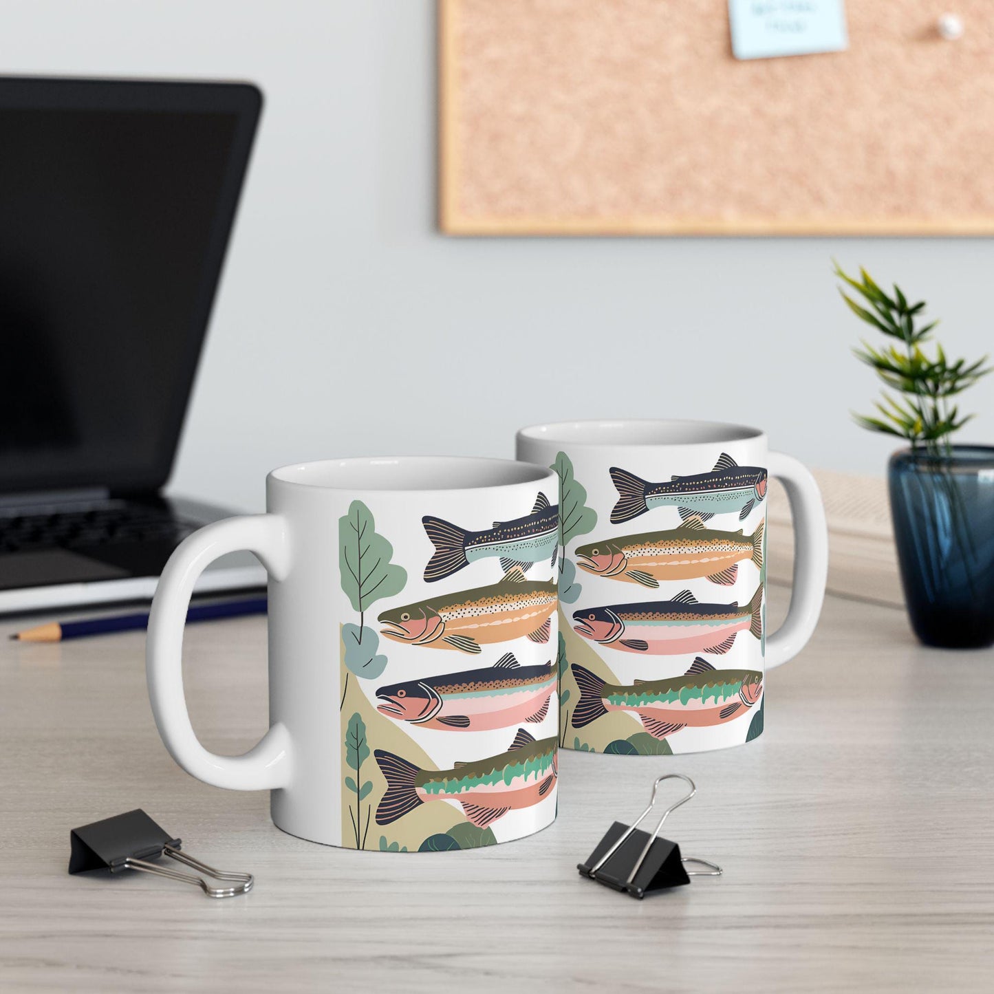 Ceramic Mug, Trio of Lake Fish with Plants, Fisherman Gift, Lake House Decor, Weekend Angler, Fishing Theme Kitchenware, Sportsman Cup,