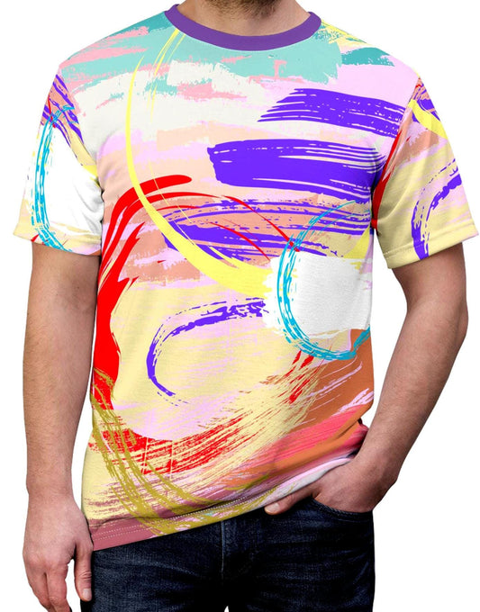 Abstract Fluid Design Unisex Tee, Soft Violet Yellow Red Colorful Shirt, Artistic Graphic Tshirt, Bright Summer Top, Festival Clothing