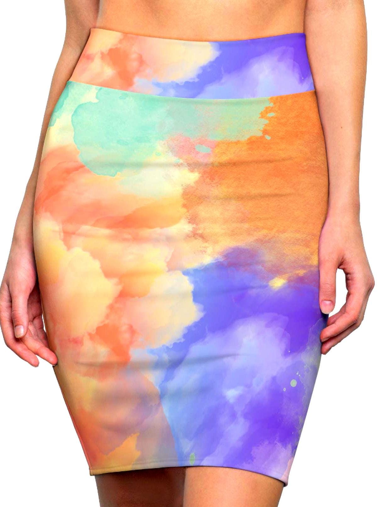 Watercolor Mix Women's Pencil Skirt, Purple Orange Teal Green Artistic Style, Unique Modern Fashion Statement, Hand Painted Design, Original