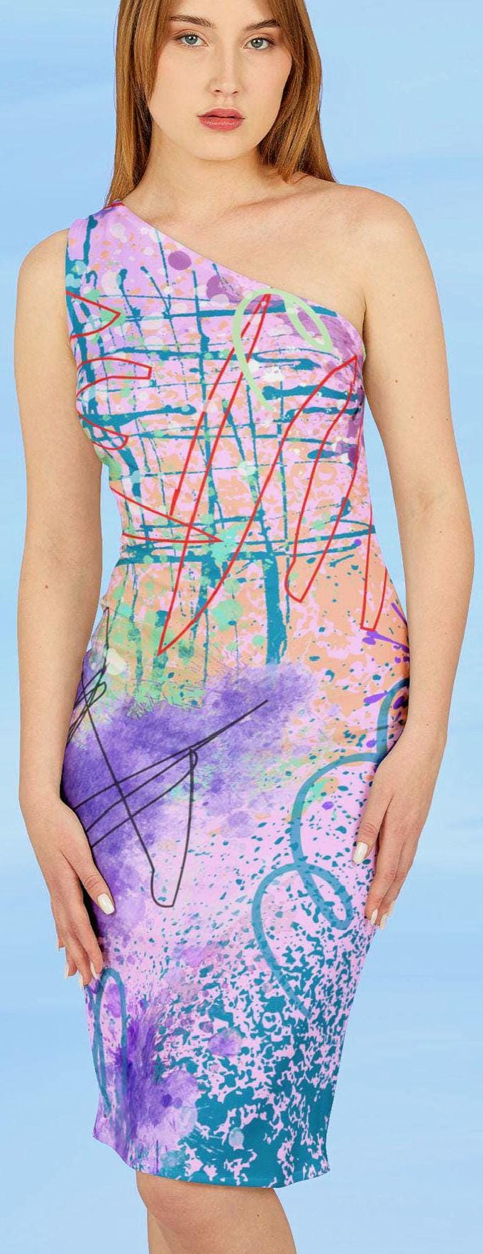 Shoulder Dress, Abstract Art Statement Piece, Pink Purple Cocktail Party Day Wear, Unique Original Print, Women's Fashion