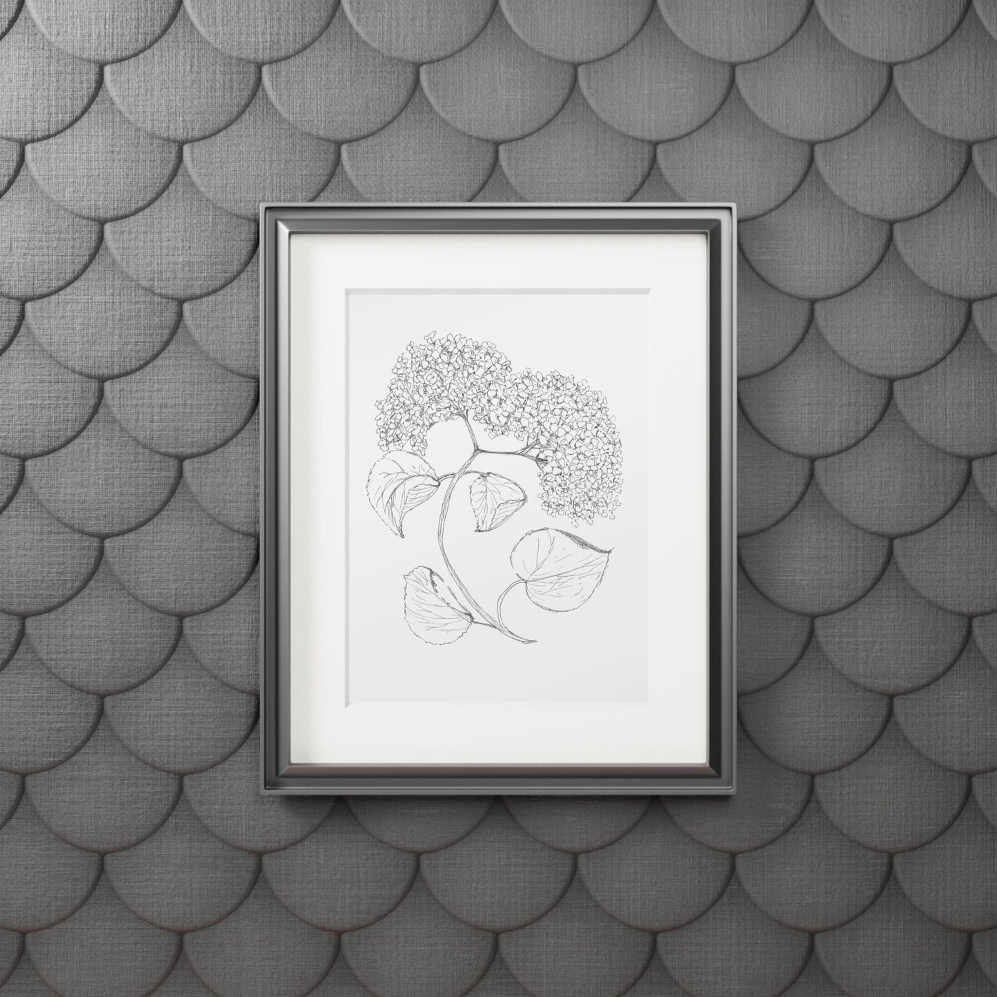 Art Print, Hydrangea Flower Ink Calligraphy, Botanical Wall Decor, Original Drawing, Passepartout Paper Frame, Fine Art Illustration, Home