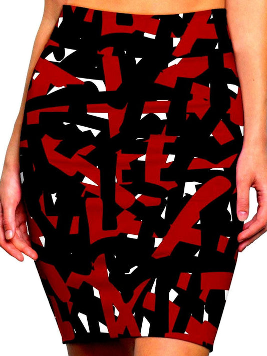 Abstract Linear Women's Pencil Skirt, Red and Black Statement Piece, Original Art Print, Party Evening Daywear, Gift for Her, Bold Artistic