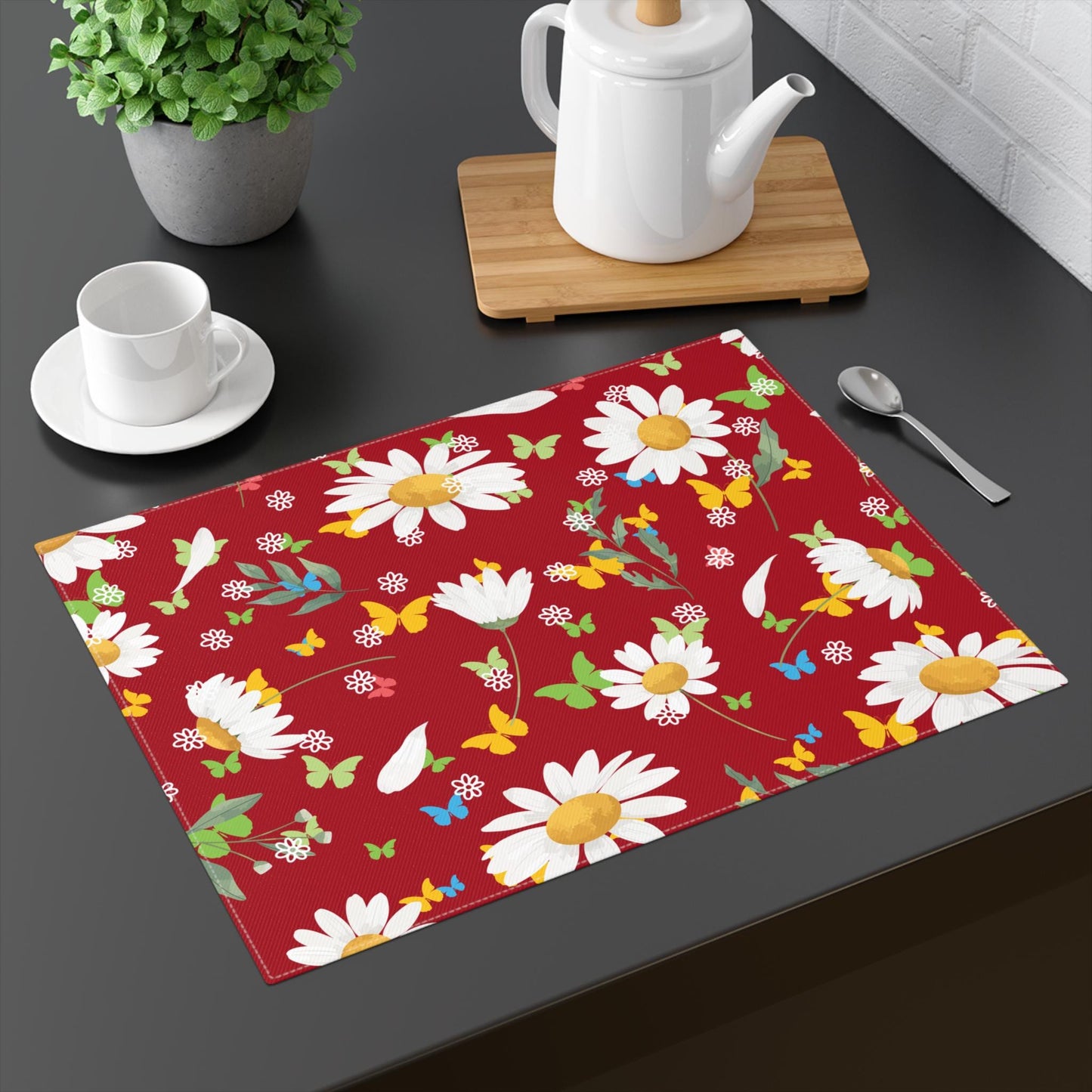 Placemat, 1pc - White Daisy Field on Rich Red Background, Spring Summer Decor, Table Setting, Lunch Table Decor, Casual Dining