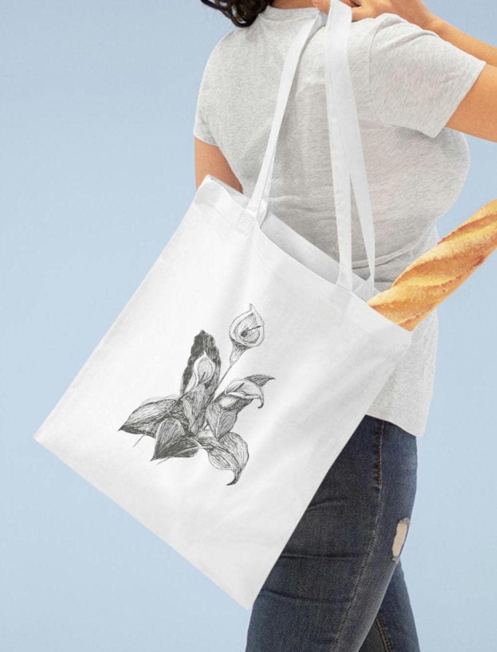 Tote Bag Peace Lily Drawing in Ink Print, Original Art, Botanical Art, Flower Drawing, Nature Art, Line Drawing, Minimalist Design