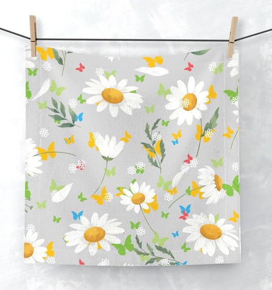 Face Towel with Daisies and Soft Gray Backing, Pretty Bathroom Addition, Spring Summer Flowers, Gentle Appearance, Pleasant Colors, Happy