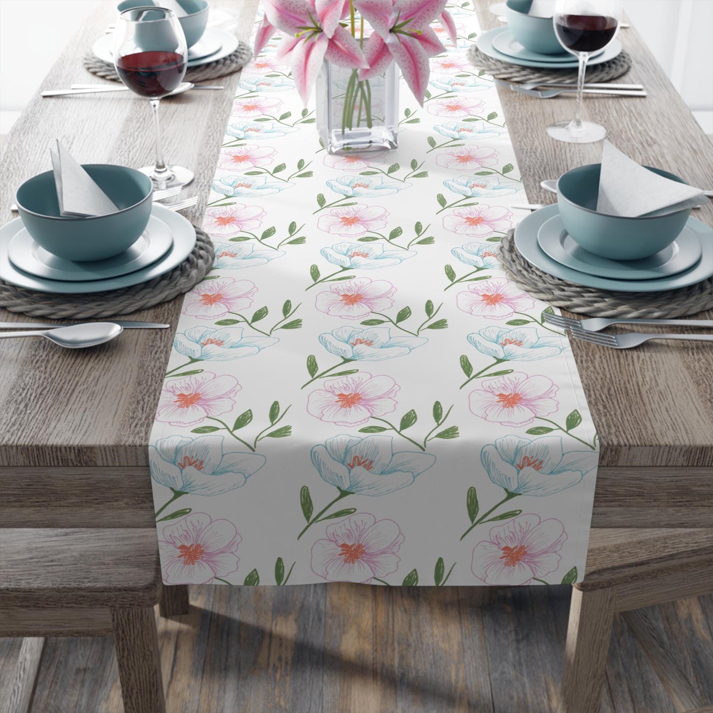 Polyester Table Runner, Hand Drawn Blue and Pink Flowers, Cosmos Variety, Spring Floral Accent for Table