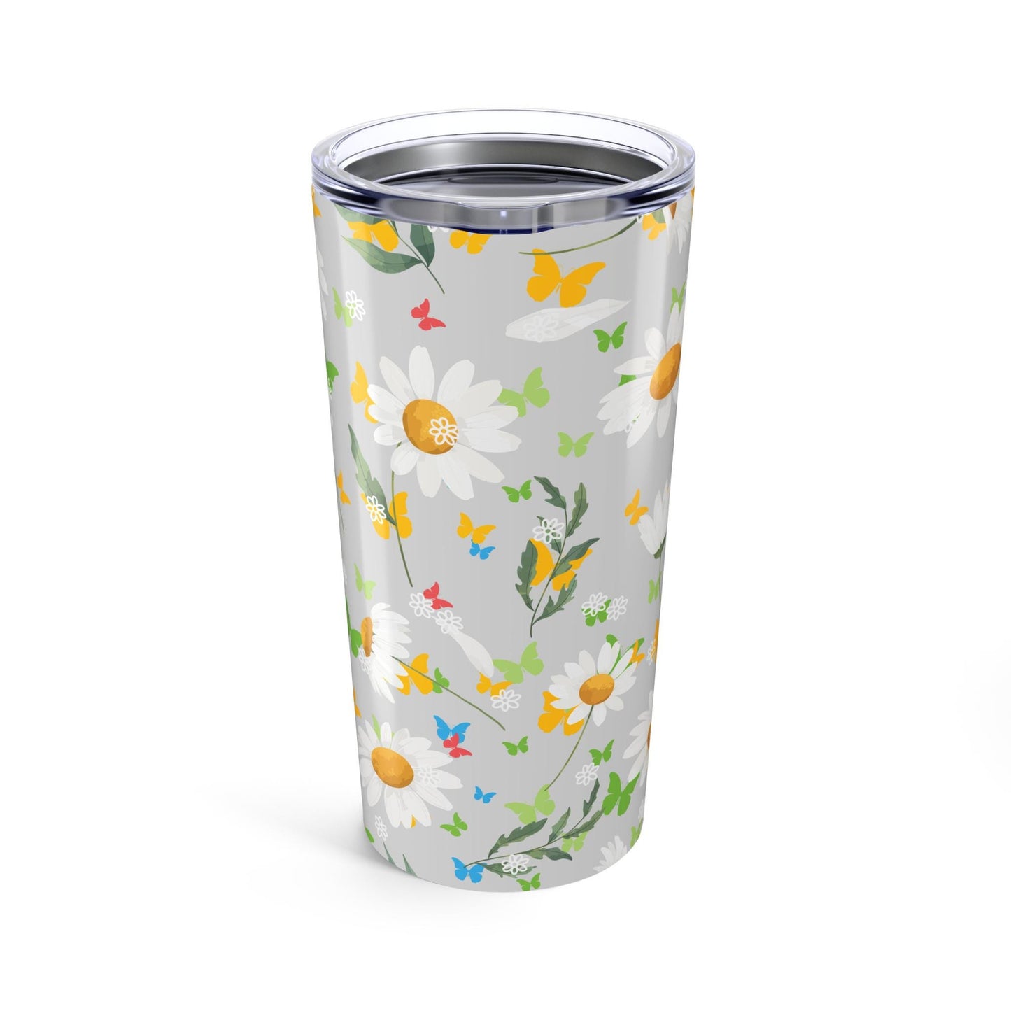 Tumbler 20oz with Daisies and Flowers Design - Pretty Garden Lady Gift, Gray Floral Spring Accessory, Gardener Girl Mug, Soft Pastel