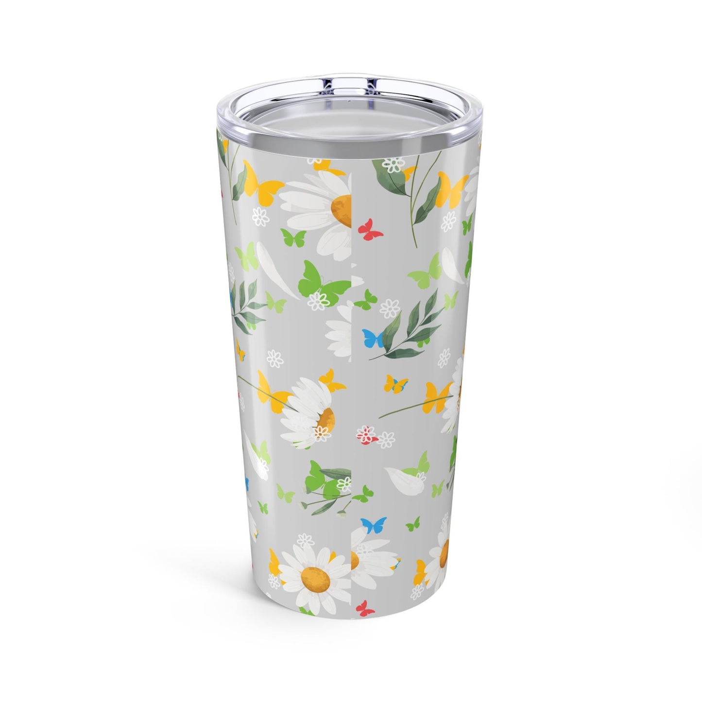 Tumbler 20oz with Daisies and Flowers Design - Pretty Garden Lady Gift, Gray Floral Spring Accessory, Gardener Girl Mug, Soft Pastel