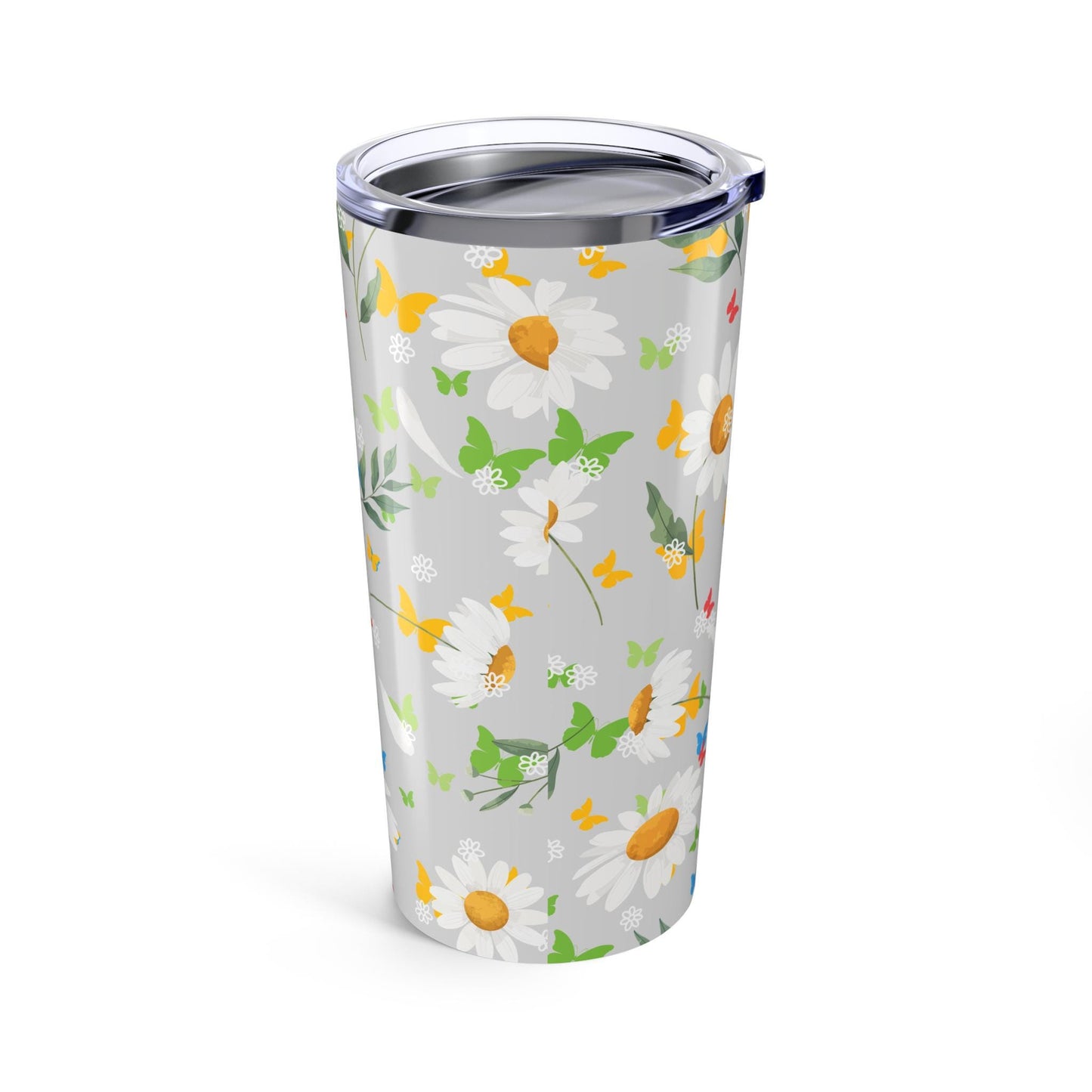 Tumbler 20oz with Daisies and Flowers Design - Pretty Garden Lady Gift, Gray Floral Spring Accessory, Gardener Girl Mug, Soft Pastel