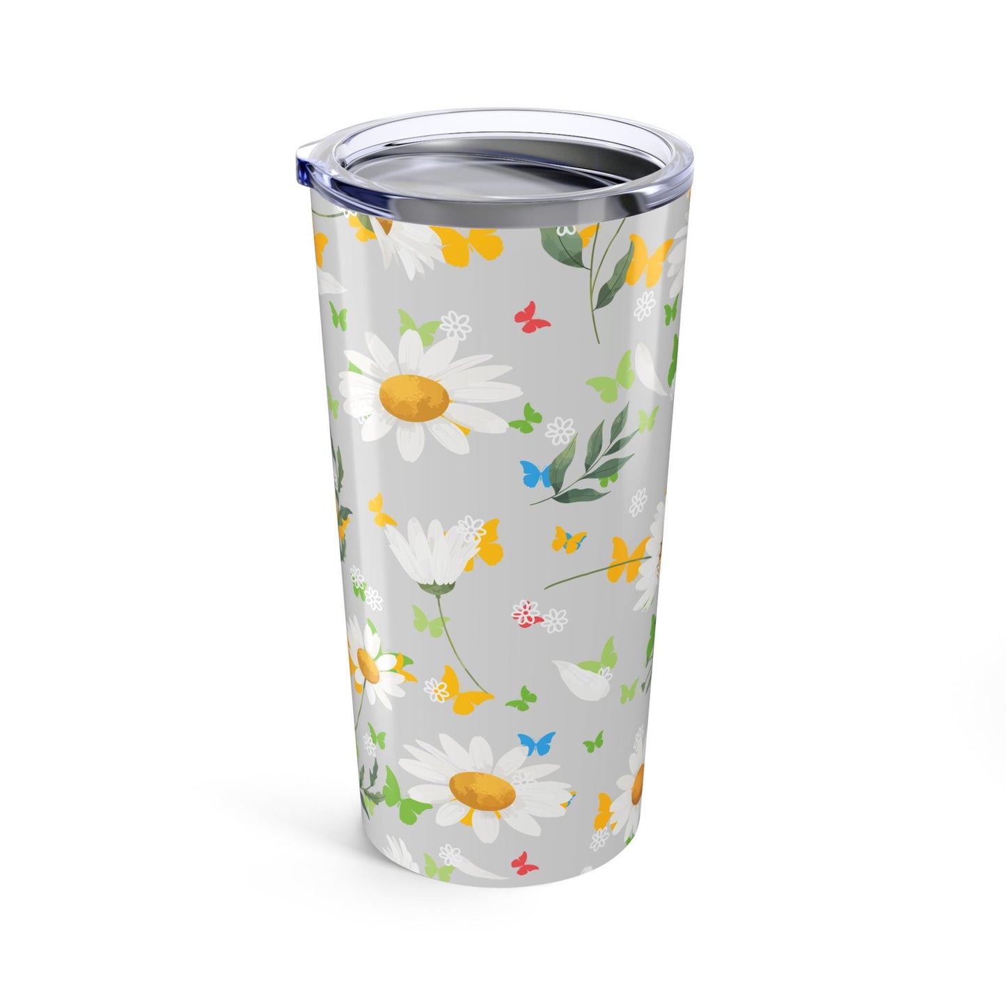 Tumbler 20oz with Daisies and Flowers Design - Pretty Garden Lady Gift, Gray Floral Spring Accessory, Gardener Girl Mug, Soft Pastel