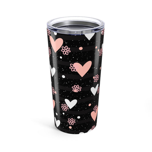 Heart Pattern Tumbler 20oz, Romantic Valentine's Day Gift Love Design, Pink and White Hearts on Dark Background, Mug, Cup, Drinkware,