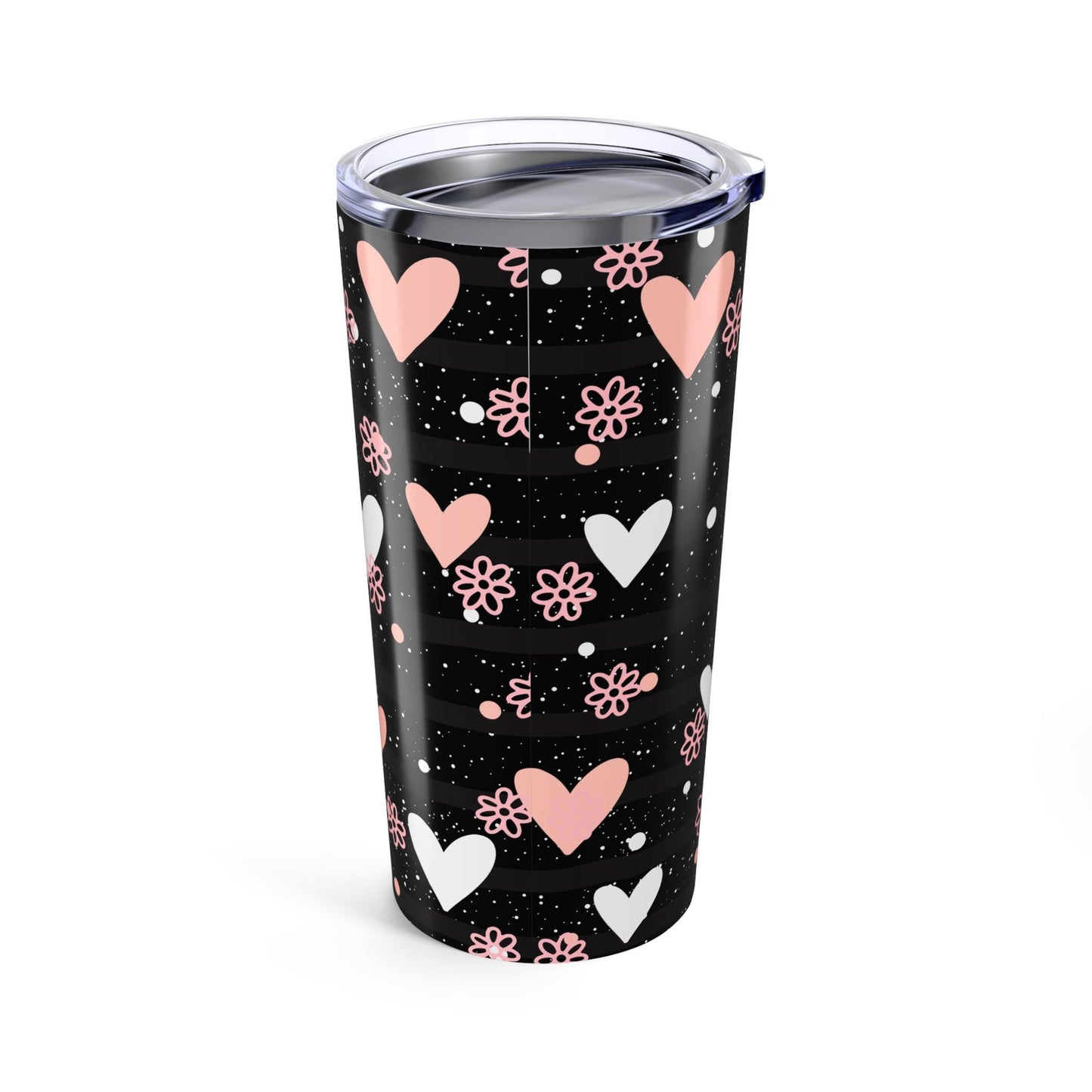 Heart Pattern Tumbler 20oz, Romantic Valentine's Day Gift Love Design, Pink and White Hearts on Dark Background, Mug, Cup, Drinkware,