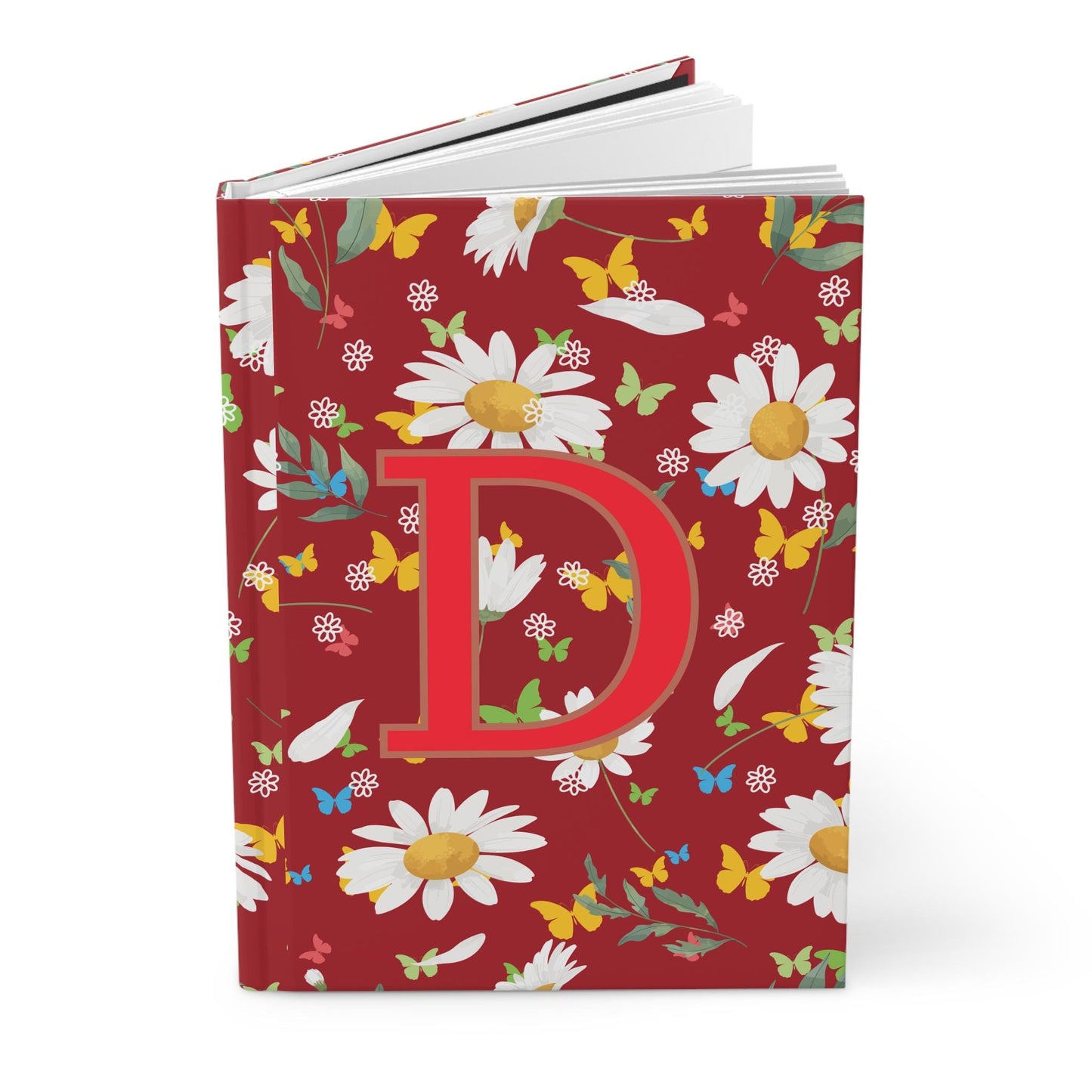 Daisy Hardcover Journal, Personalized Girly Garden Notebook, Spring/Summer Red Floral Diary, Initial Monogram Gift, Pretty Feminine Memo