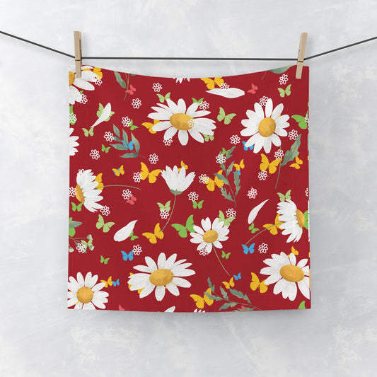 Floral Daisies Face Towel, Summer Garden Bath Decor, Girly Red Towel, Soft Nice Towel, Pretty Daisy Hand Towel