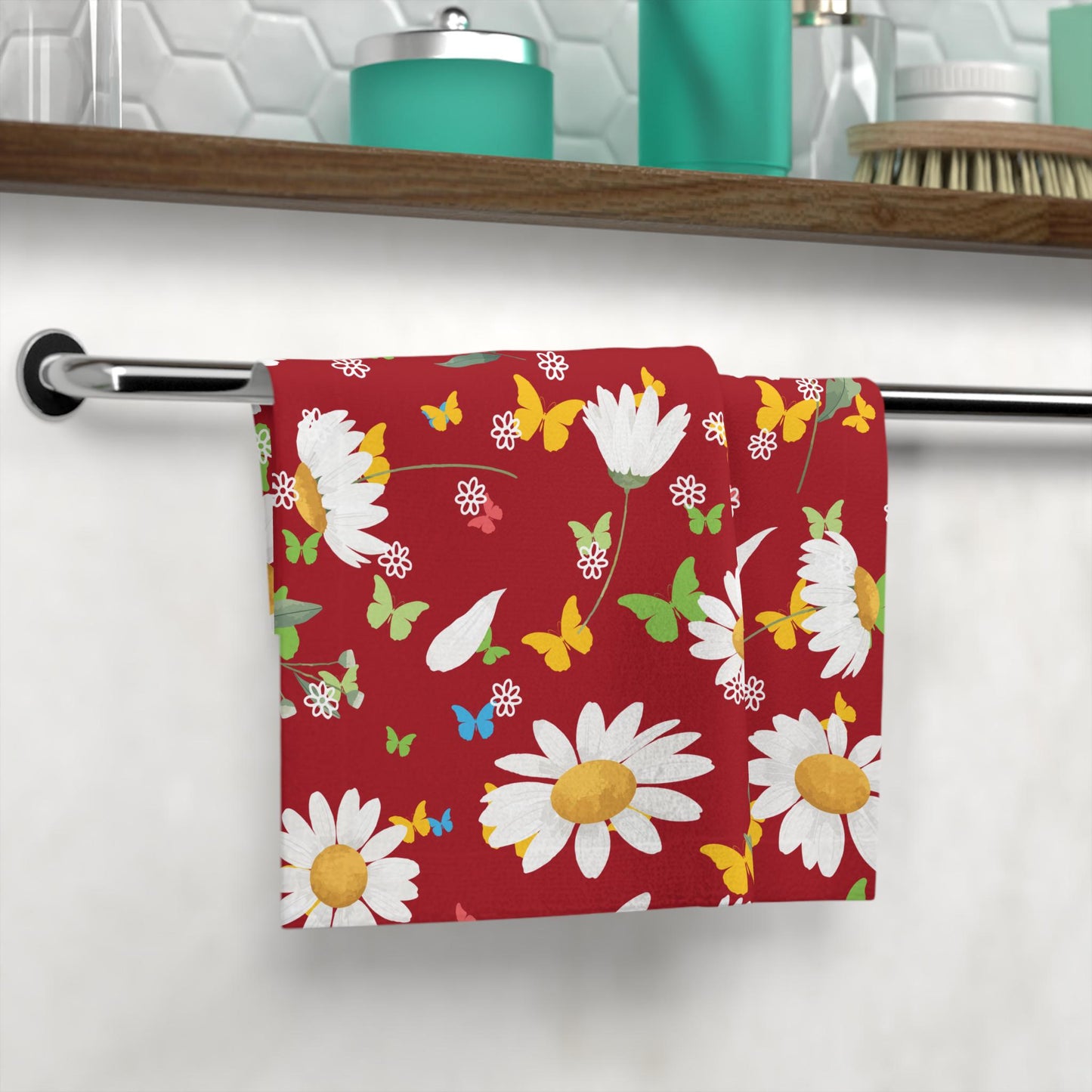 Floral Daisies Face Towel, Summer Garden Bath Decor, Girly Red Towel, Soft Nice Towel, Pretty Daisy Hand Towel