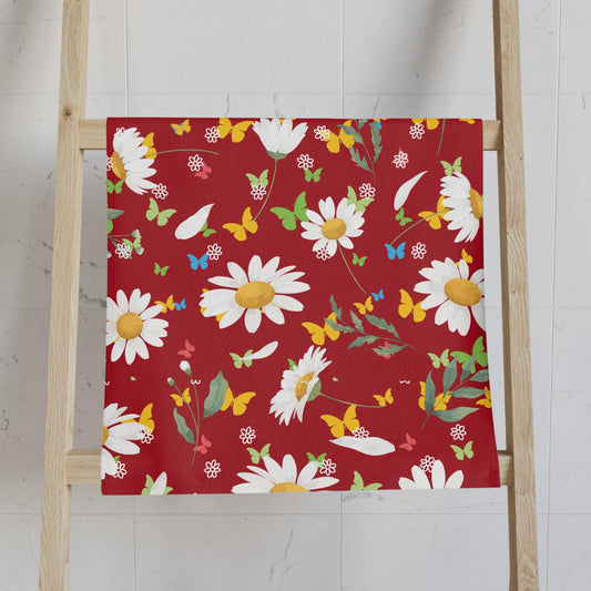 Floral Hand Towel, Red Daisy Garden Decor, Summer Spring Kitchen Towel, Bring the Garden In, Unique Hostess Gift, Housewarming Present,