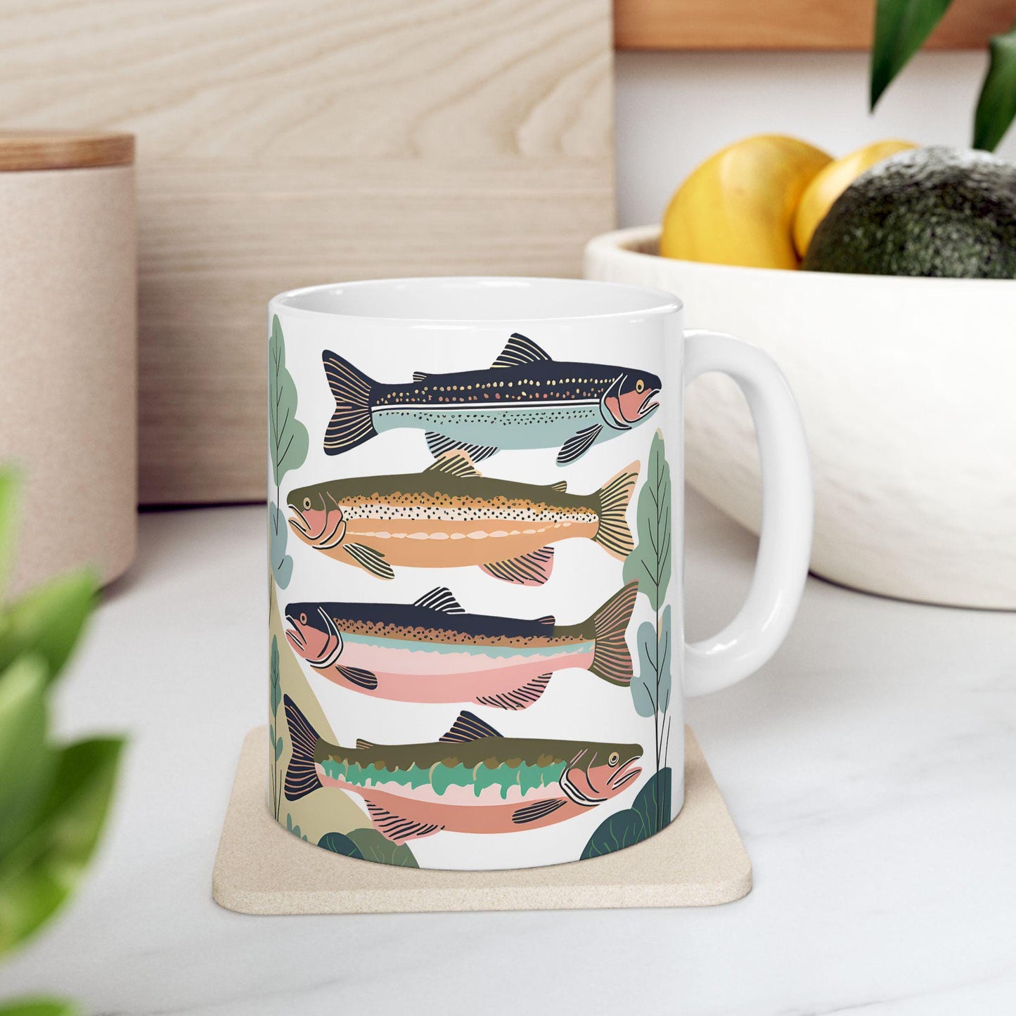 Ceramic Mug, Trio of Lake Fish with Plants, Fisherman Gift, Lake House Decor, Weekend Angler, Fishing Theme Kitchenware, Sportsman Cup,