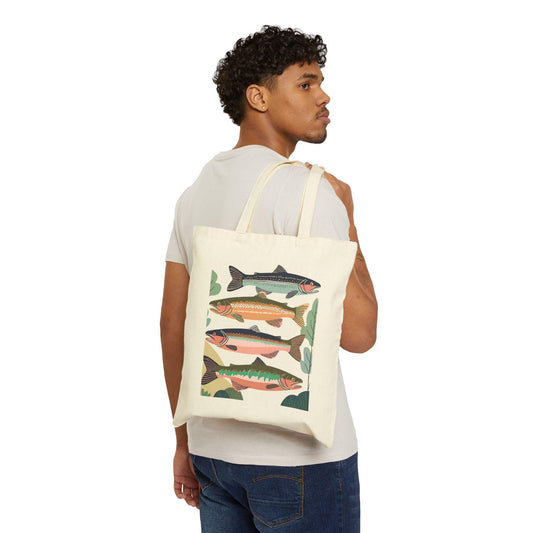 Fishing Tote Bag, Fisherman Gift, Lake Fish Woodland Design, Dad Gift, Colorful Accessories, Fun Fishing Theme Tote Bag