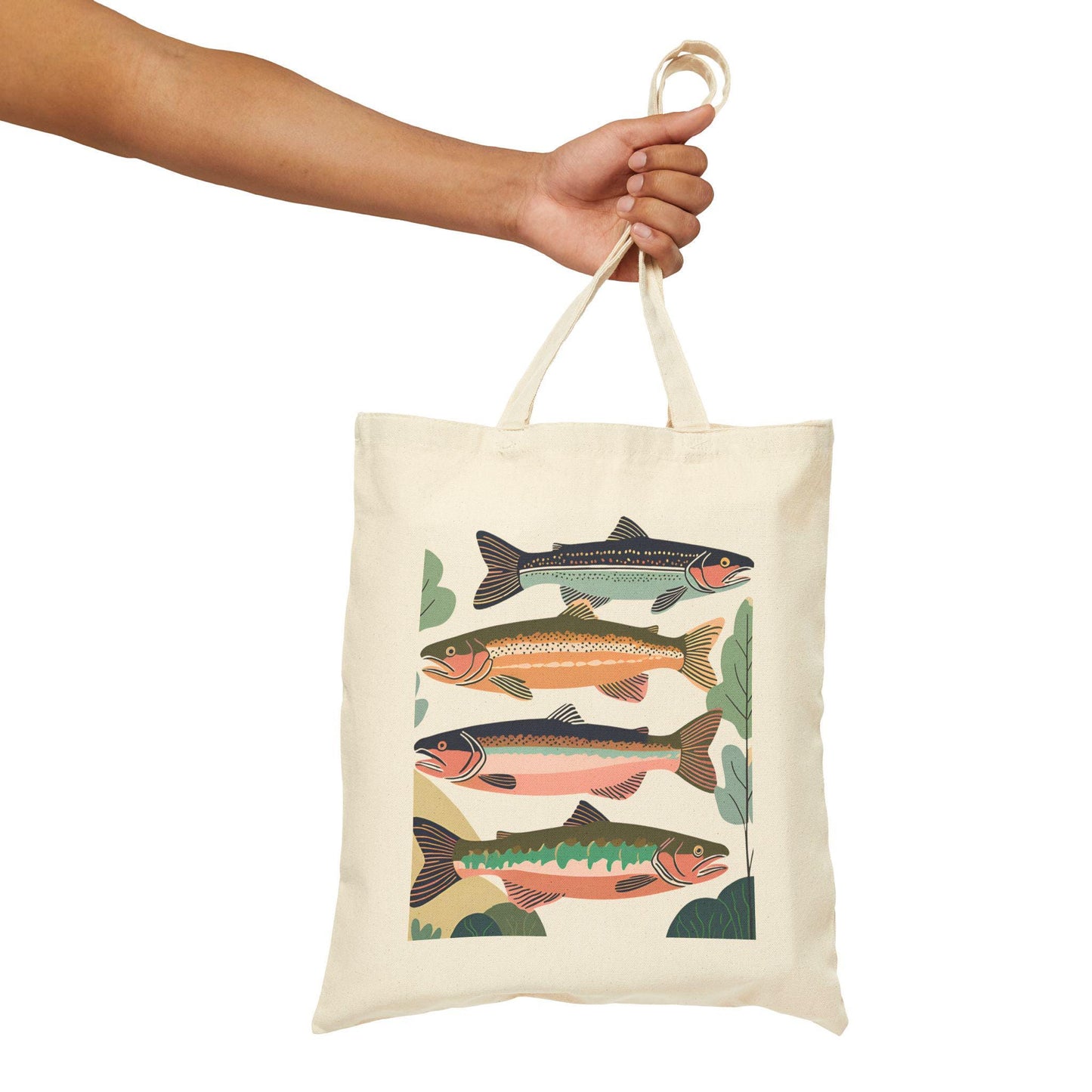 Fishing Tote Bag, Fisherman Gift, Lake Fish Woodland Design, Dad Gift, Colorful Accessories, Fun Fishing Theme Tote Bag