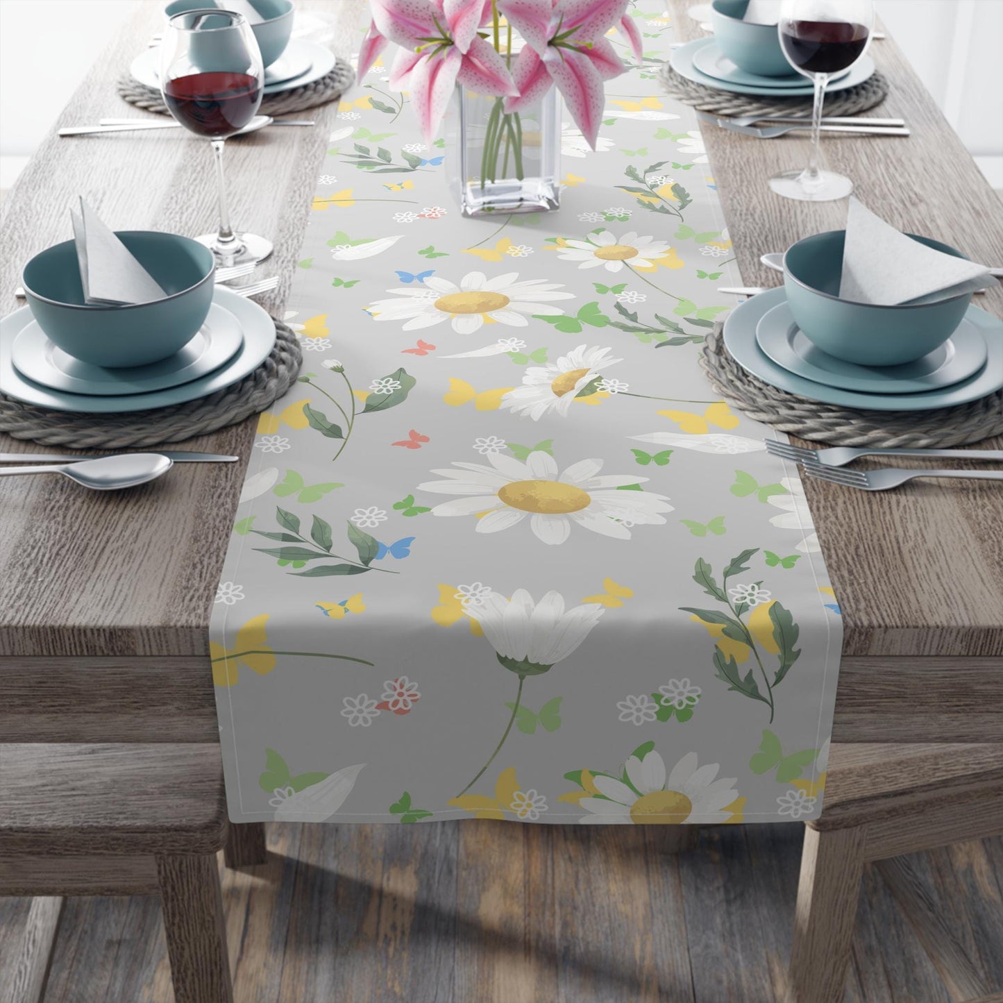 Table Runner, Fun Daisy Field Design, Dining Decor Setting, Summer Spring, Cotton Poly, Lunch Tea Time, Tablescape Accessory