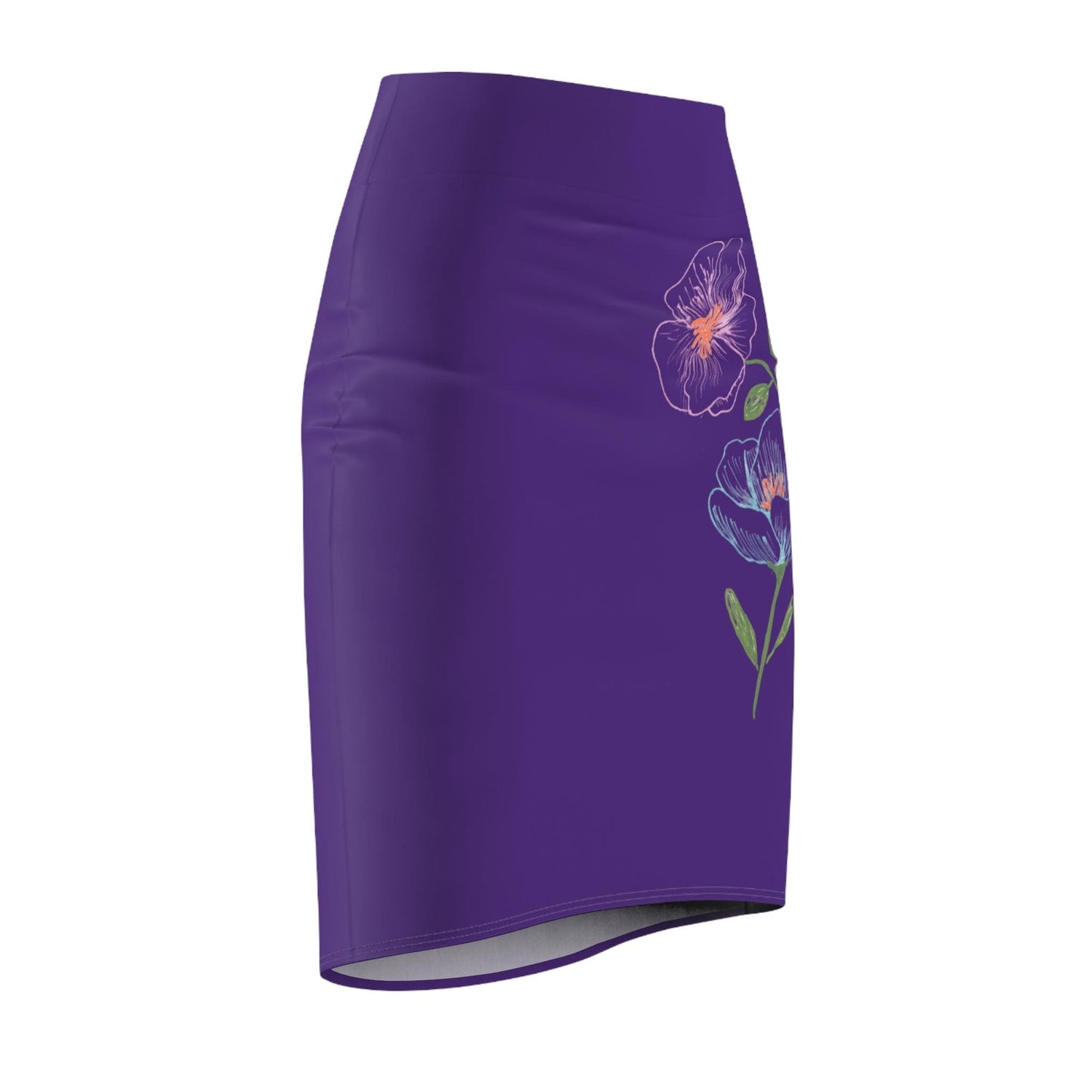 Pencil Skirt, Hand Drawn Flowers, Purple, Cosmos in Blue and Pink, Spring, Summer, Colorful, Bright, Feminine Skirt, Pretty Skirt, Women's