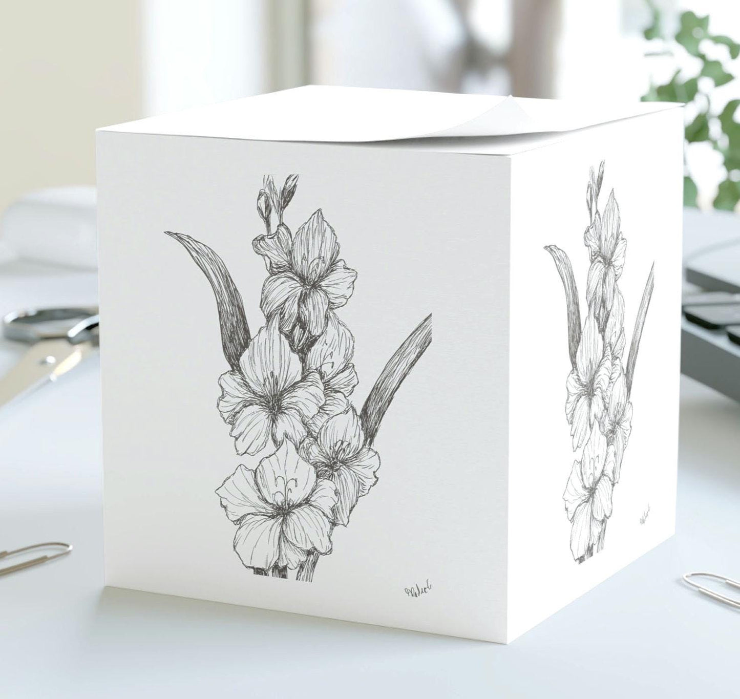 Note Cube with Fine Botanical Art Print of Habd Drawn Gladiolus,  Original Hand Drawing Print, Black and White Ink, Minimalist  Design