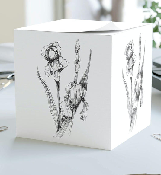 Note Cube with Print of Hand Drawn Iris, Garden Flower, Botanical Art, Fine Art Drawing,  Original Art, Minimalist, Line Drawing