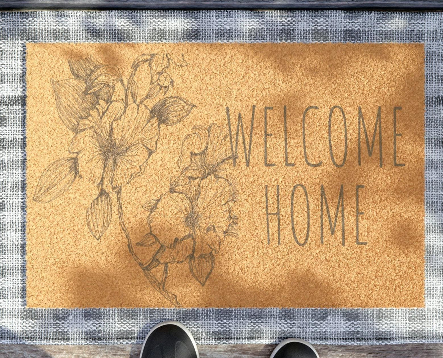 Doormat with Original Hand Drawn Floral Art, Hollyhock