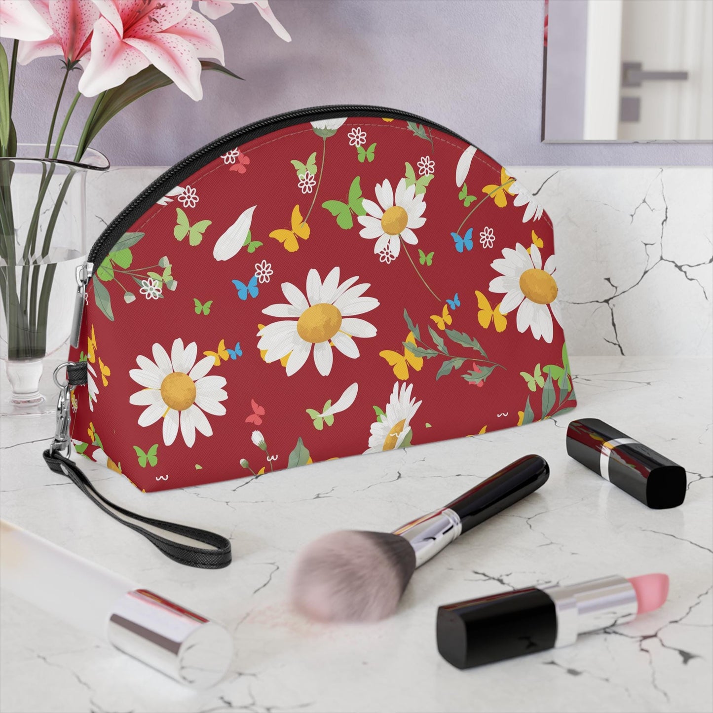 Floral Makeup Bag - Cute Cosmetic Pouch, Gift for Her, Travel Essential, Spring Inspiration, Flower Print with Daisies against Red Backing