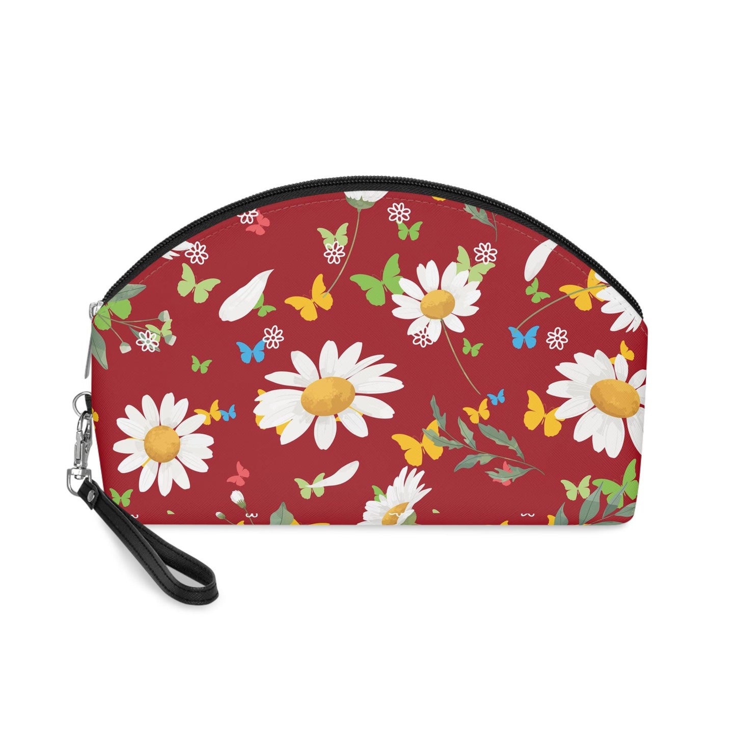 Floral Makeup Bag - Cute Cosmetic Pouch, Gift for Her, Travel Essential, Spring Inspiration, Flower Print with Daisies against Red Backing