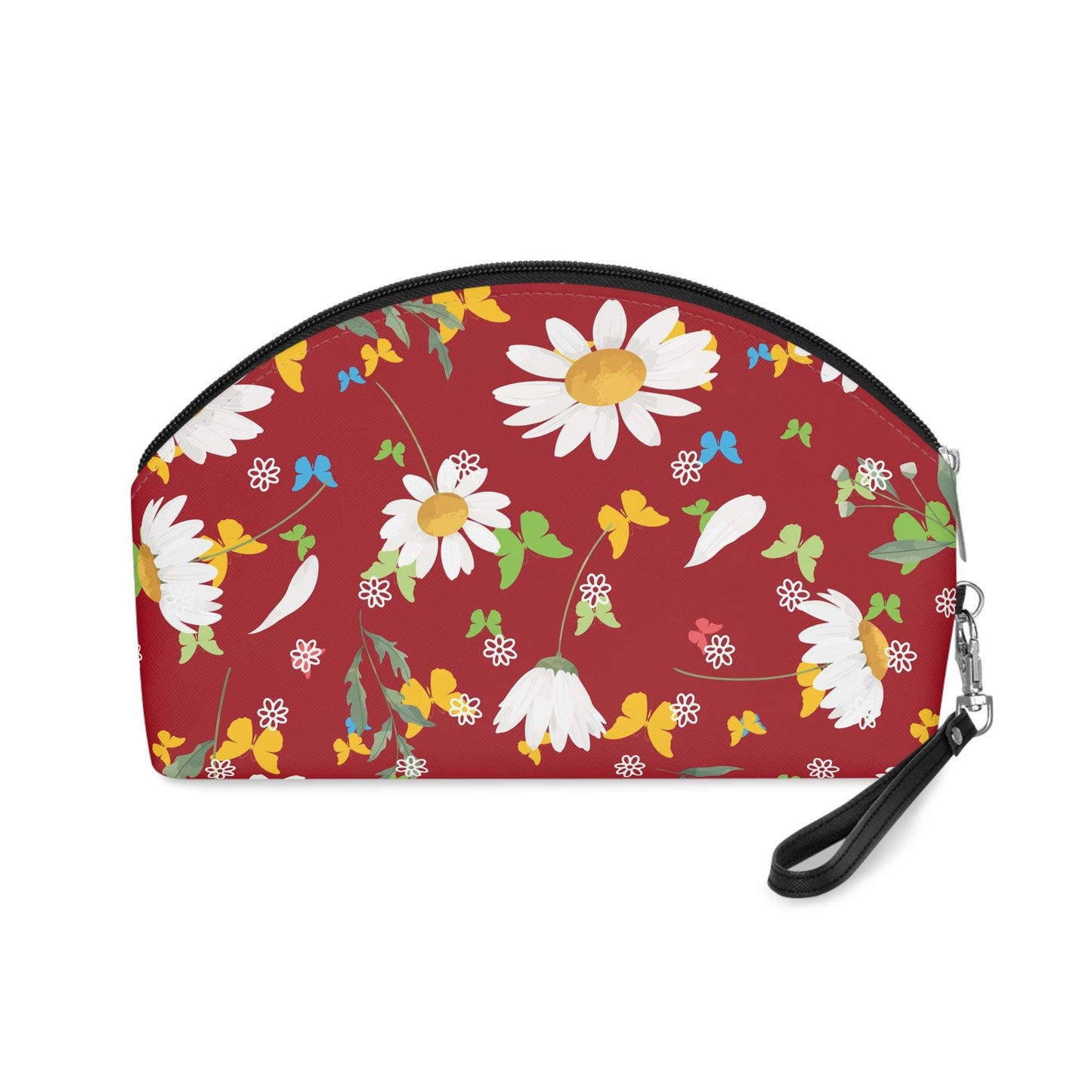 Floral Makeup Bag - Cute Cosmetic Pouch, Gift for Her, Travel Essential, Spring Inspiration, Flower Print with Daisies against Red Backing