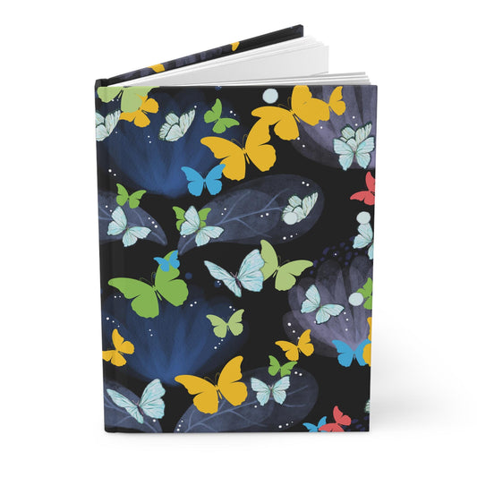 Matte Journal, Glowing Colorful Butterflies on Black, Bright Evening Ambience, Fun, Happy, Diary, Notebook, Sketchbook, Gift for Writers,