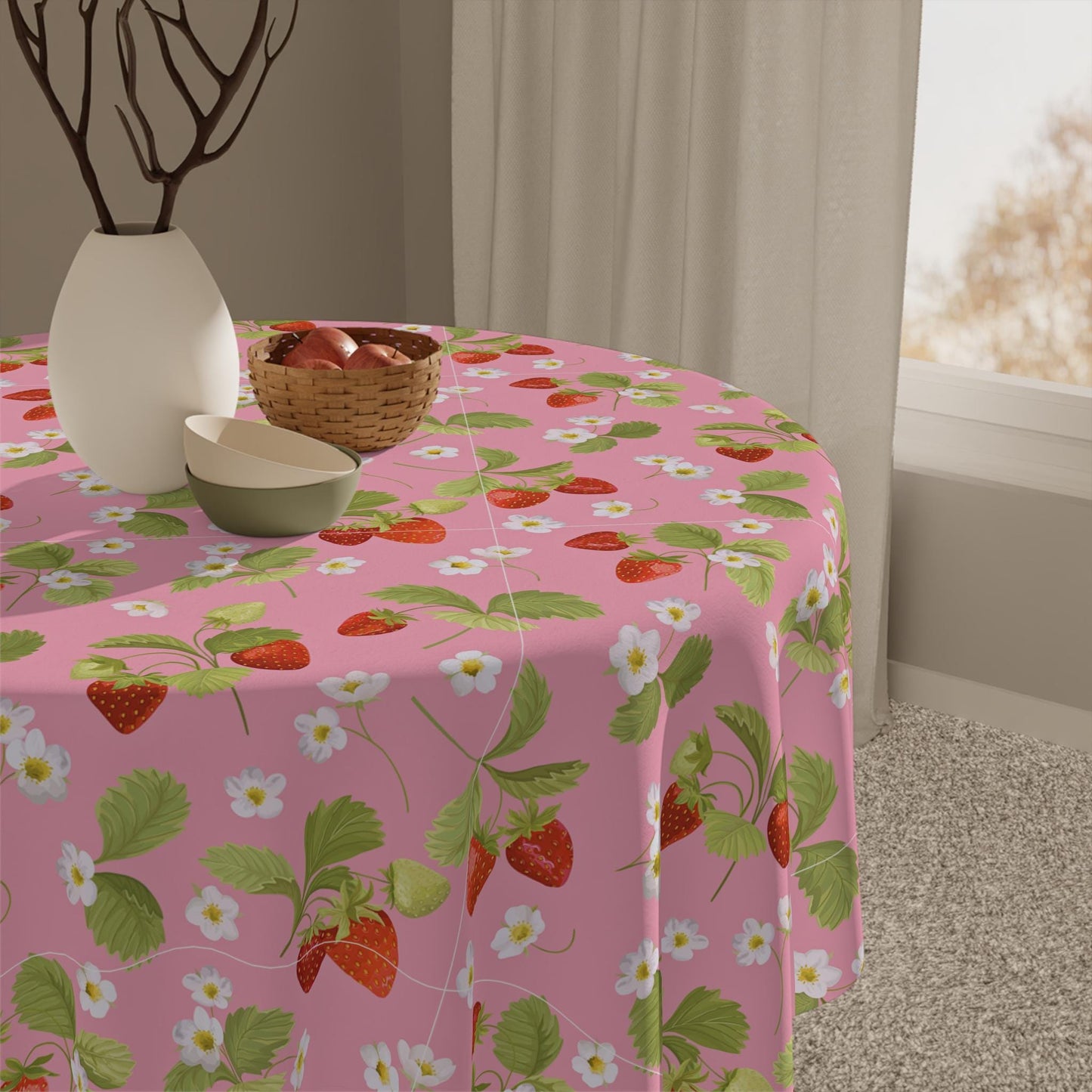 Tablecloth, Summer Garden Fresh Strawberries, Pretty Feminine Dining Decor, Casual Afternoon Table Cover, Spring Floral Table Linens