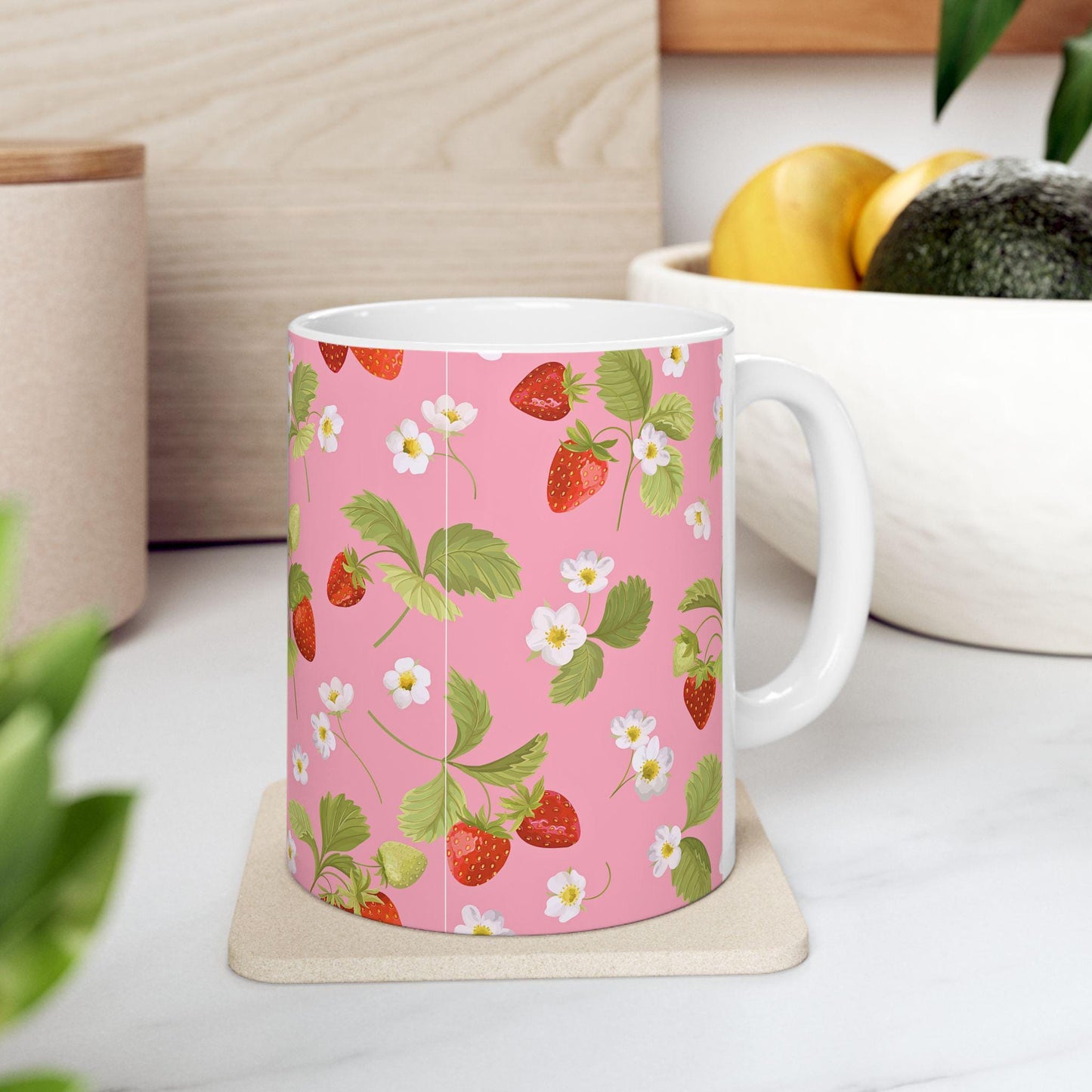 Strawberry Blossom Ceramic Mug | Pink Floral Coffee Cup, Gift for Gardeners, Summer Decor, Tea Lover's Mug, Cute Kitchenware