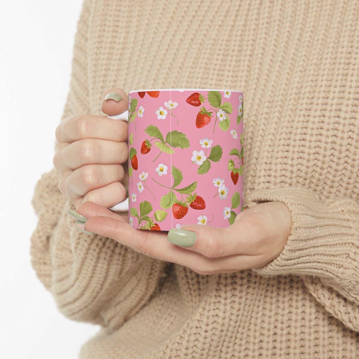 Strawberry Blossom Ceramic Mug | Pink Floral Coffee Cup, Gift for Gardeners, Summer Decor, Tea Lover's Mug, Cute Kitchenware