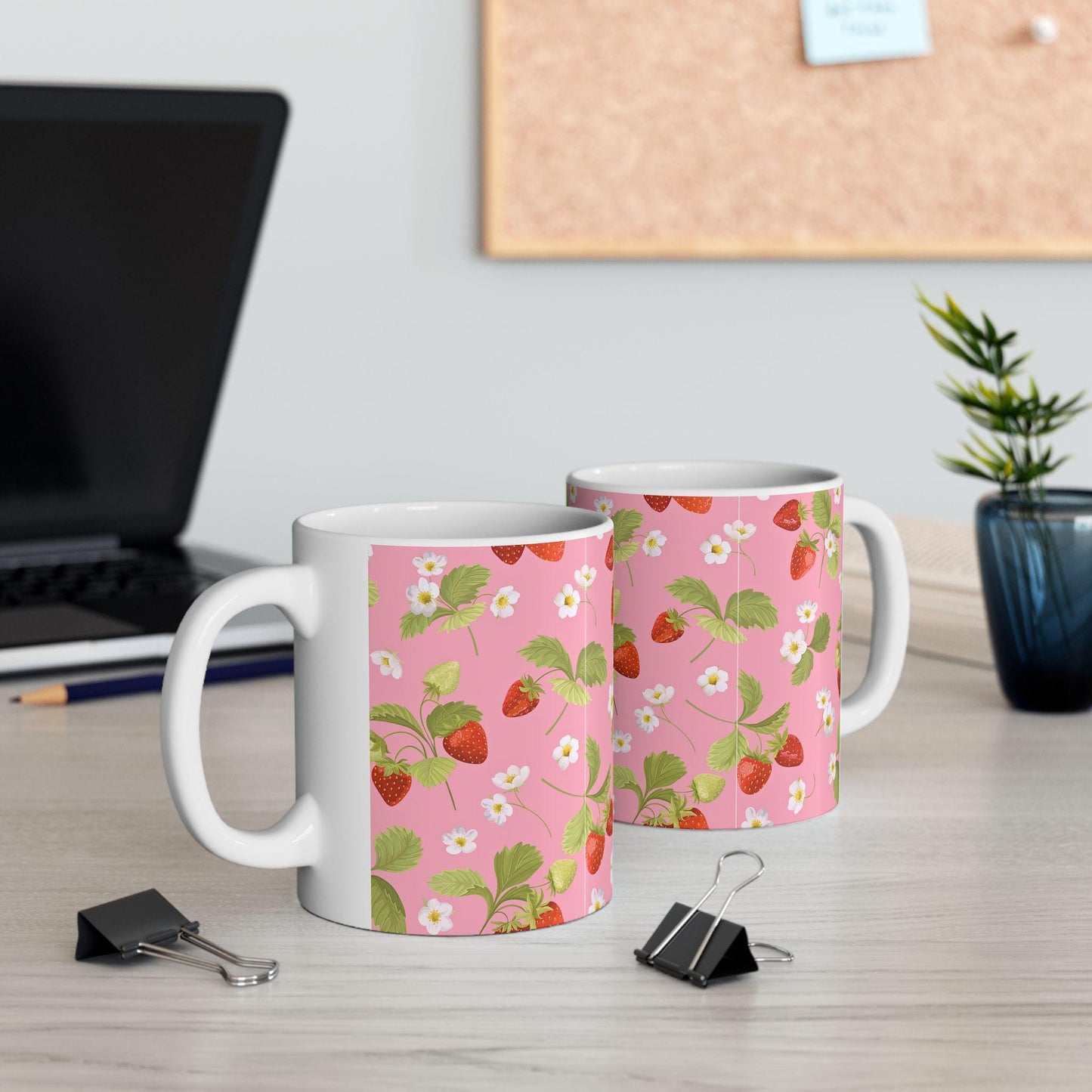 Strawberry Blossom Ceramic Mug | Pink Floral Coffee Cup, Gift for Gardeners, Summer Decor, Tea Lover's Mug, Cute Kitchenware