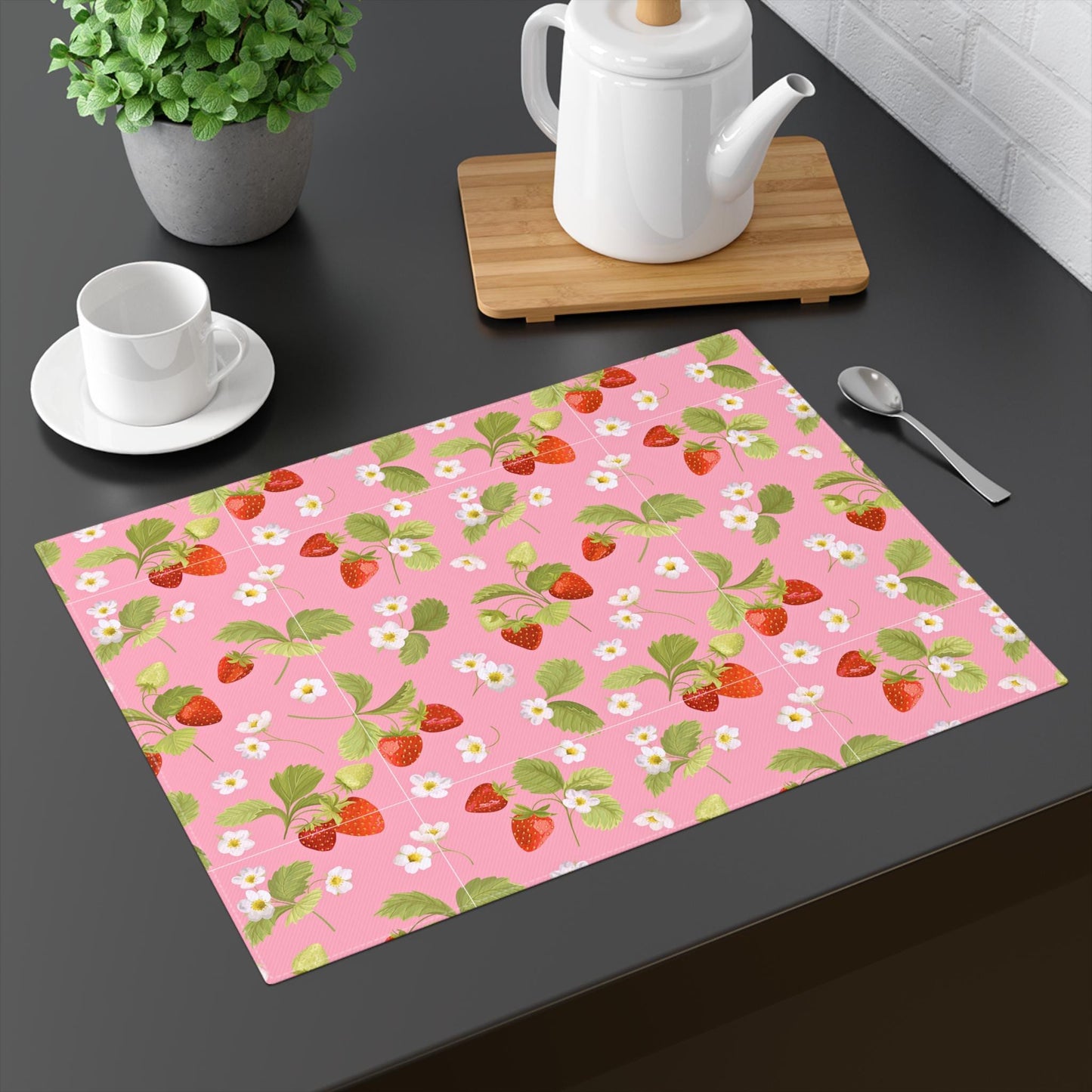 Placemat, 1pc - Pretty Pink Summer Strawberries, Girly Lunch Dining, Lovely Spring Table Decor, Casual Dining Mat