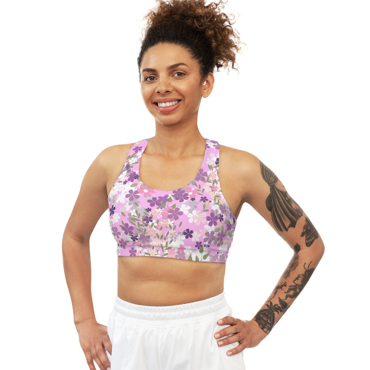 Floral Sports Bra, Feminine Workout Wear, Beauty vs Strength Athletic Bra, Purple Pink White, Gym Apparel, Fitness Top, Activewear, Yoga