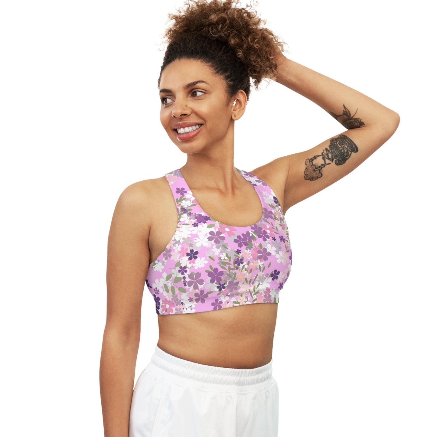 Floral Sports Bra, Feminine Workout Wear, Beauty vs Strength Athletic Bra, Purple Pink White, Gym Apparel, Fitness Top, Activewear, Yoga