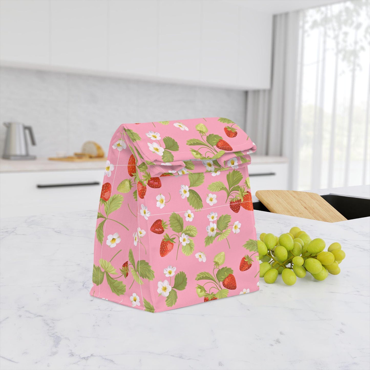 Polyester Lunch Bag, Fresh Pretty Summer Strawberries on Pink, Girly Girl, Garden Day Trip, Pretty, Coquette Aesthetic, Insulated Lunch