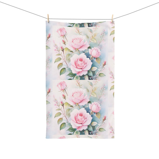 Hand Towel, Pretty Pink Roses, Ladylike, Delicate, Powder Room Decor, Original Design, Summery Bath Towel, Gift for Her, Floral Bathroom