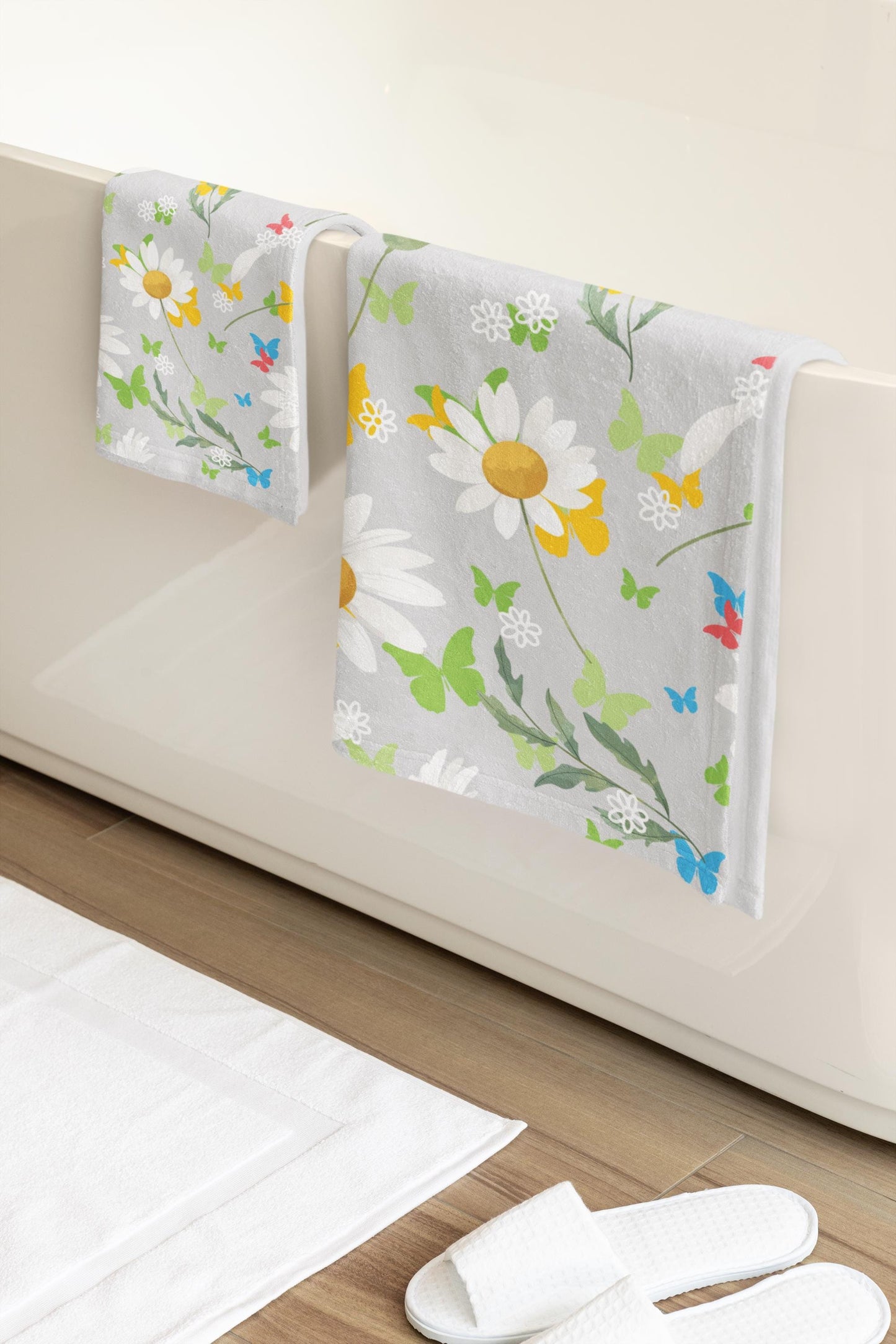 Face Towel with Daisies and Soft Gray Backing, Pretty Bathroom Addition, Spring Summer Flowers, Gentle Appearance, Pleasant Colors, Happy