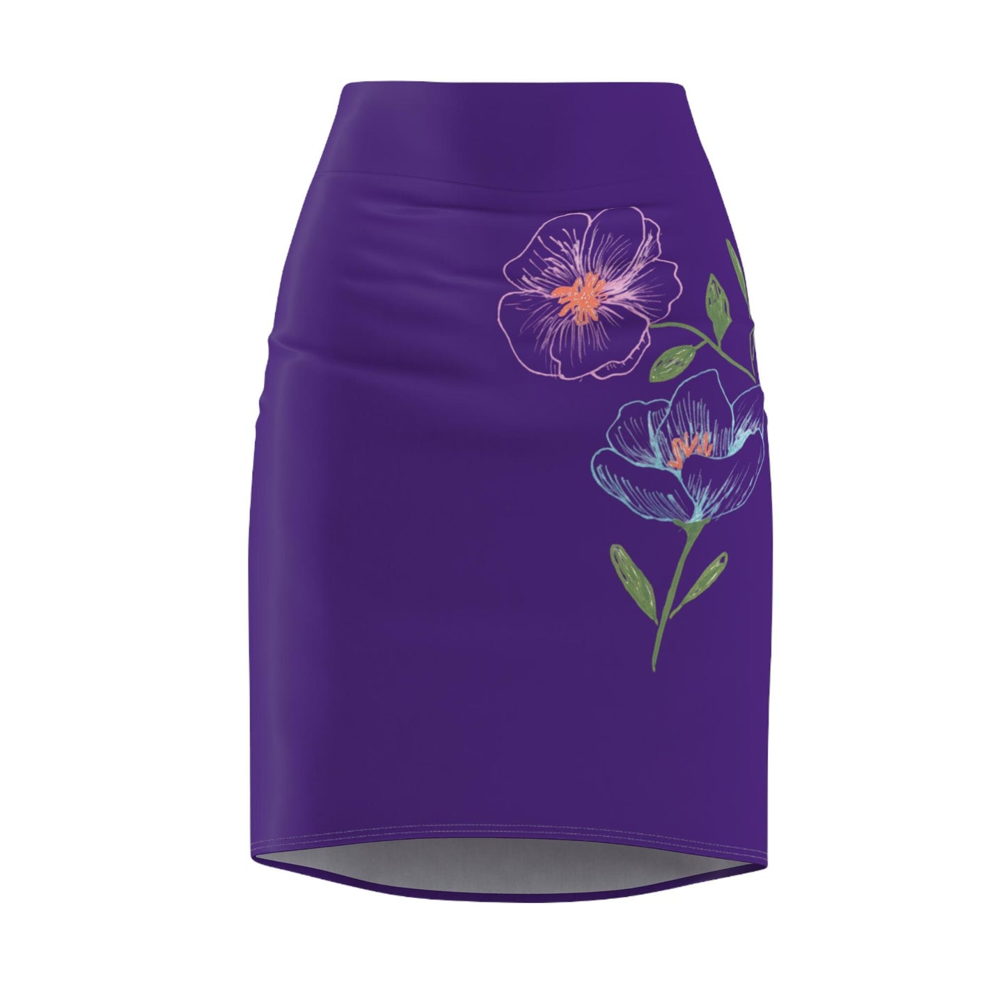 Pencil Skirt, Hand Drawn Flowers, Purple, Cosmos in Blue and Pink, Spring, Summer, Colorful, Bright, Feminine Skirt, Pretty Skirt, Women's