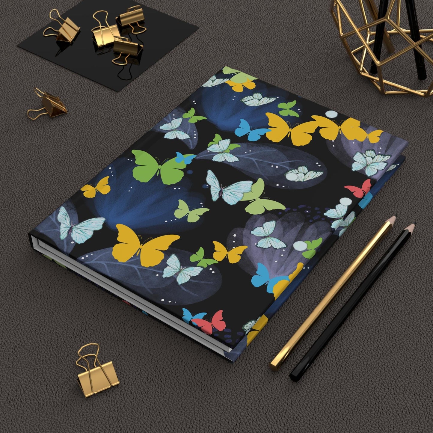 Matte Journal, Glowing Colorful Butterflies on Black, Bright Evening Ambience, Fun, Happy, Diary, Notebook, Sketchbook, Gift for Writers,