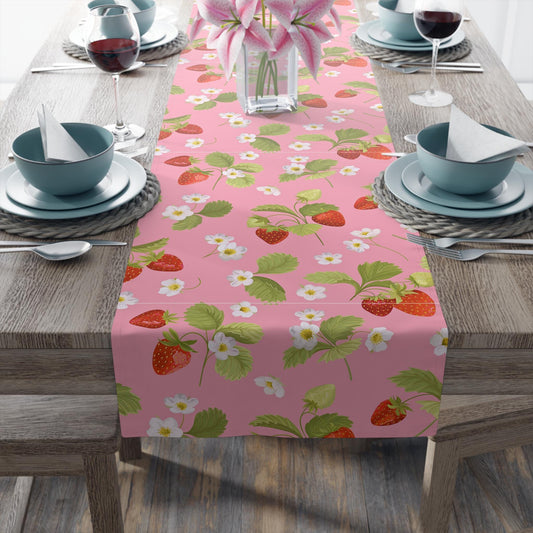 Table Runner, Summer Strawberry Garden Kitchen Decor, Spring Floral Dining Room Accessories, Cotton Poly Blend, Home Table Linens,