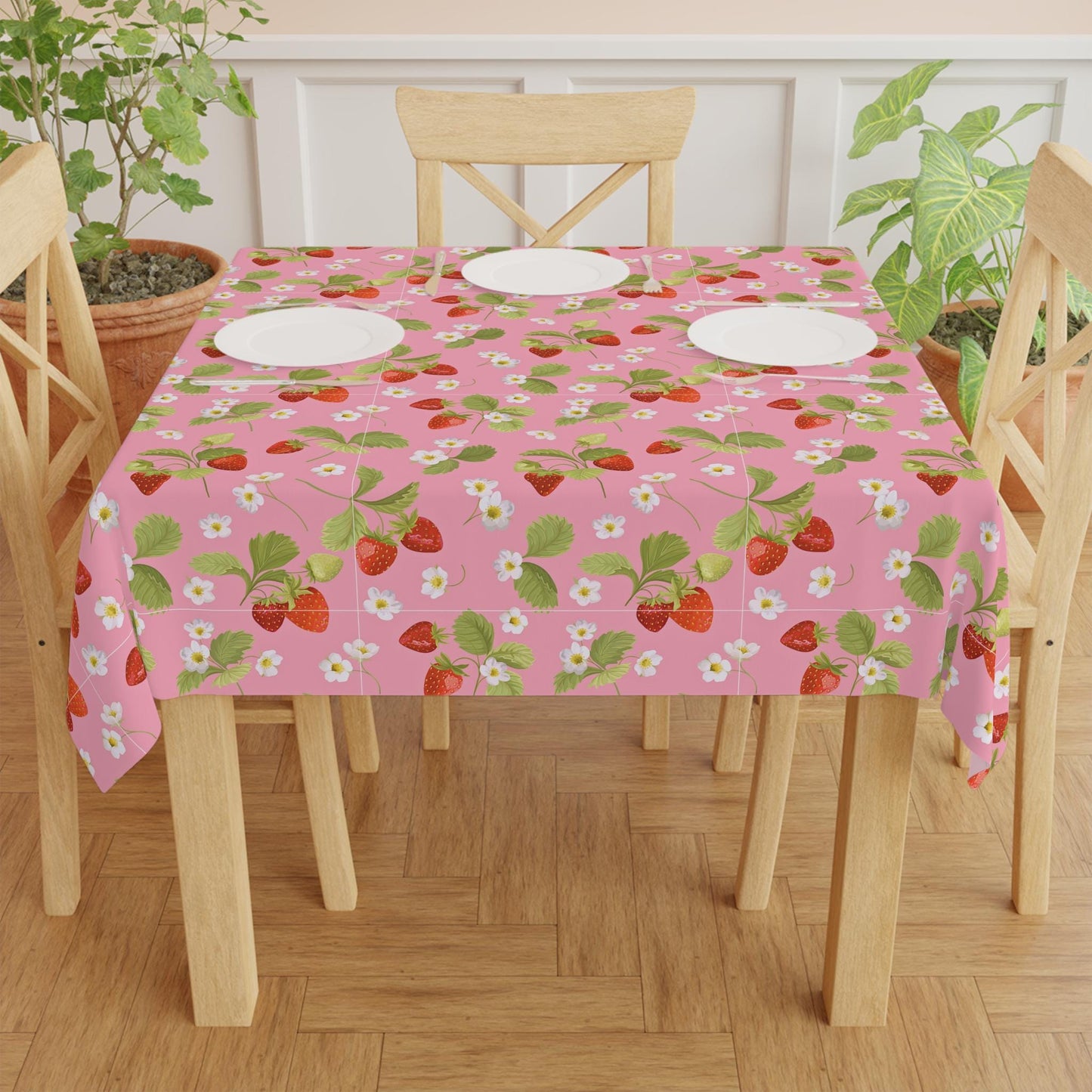 Tablecloth, Summer Garden Fresh Strawberries, Pretty Feminine Dining Decor, Casual Afternoon Table Cover, Spring Floral Table Linens