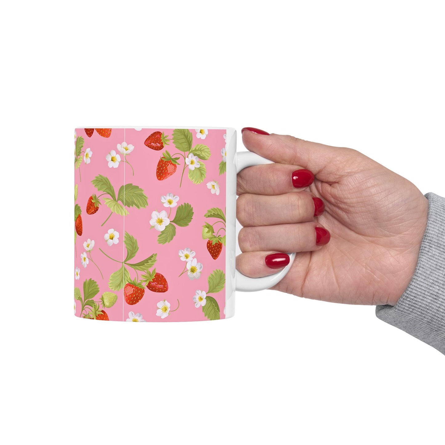 Strawberry Blossom Ceramic Mug | Pink Floral Coffee Cup, Gift for Gardeners, Summer Decor, Tea Lover's Mug, Cute Kitchenware