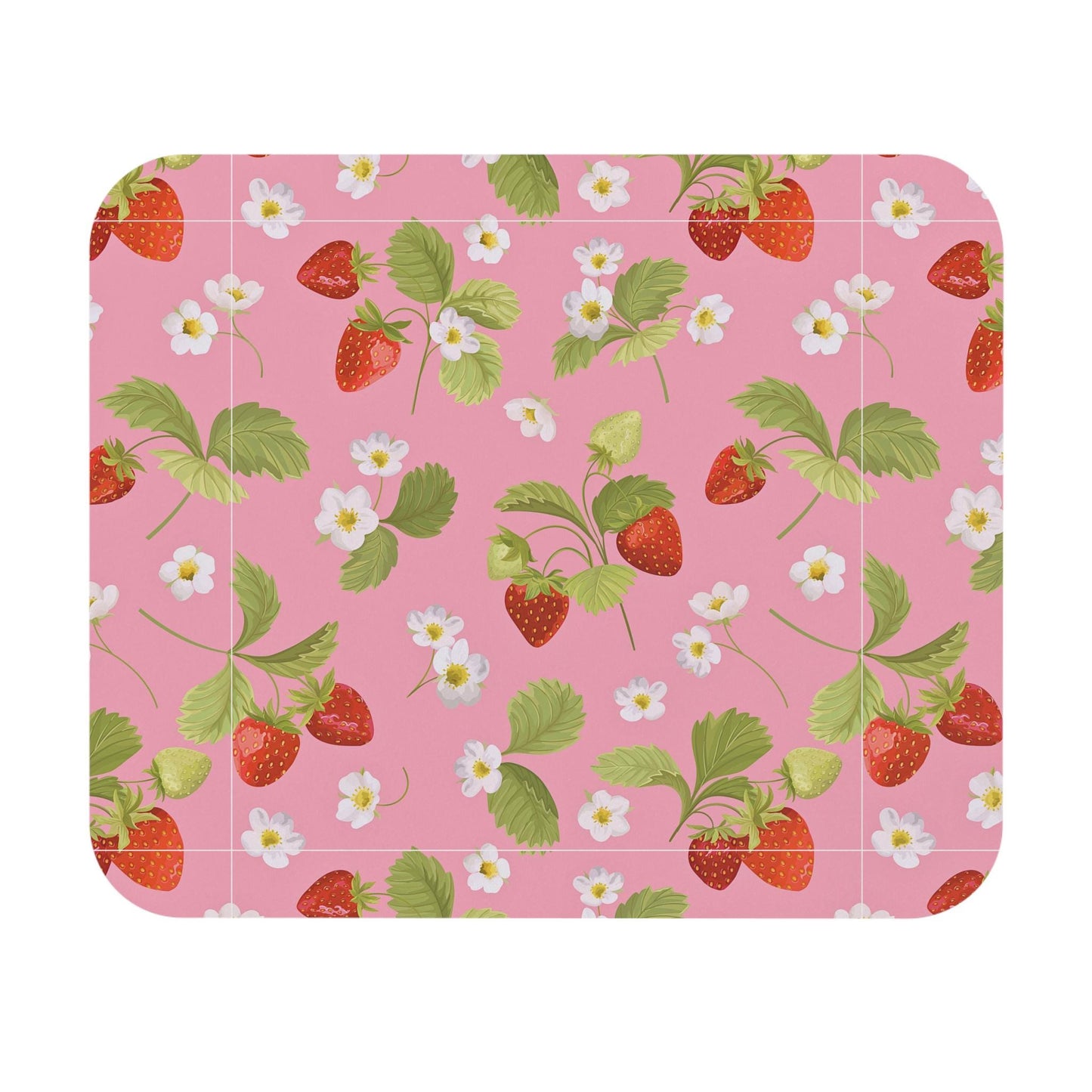 Strawberry Garden Mouse Pad (Rectangle), Spring Floral Desk Mat, Girly Pink Backing, Pretty Office Decor, Summer Fruit Design